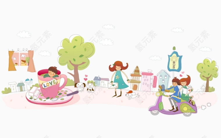 唯美风手绘插画公园电动摩托车