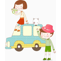 坐汽车的男孩女孩和狗