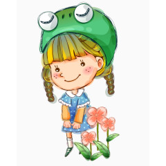 卡通手绘站在花丛里的小女孩 