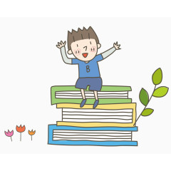 卡通手绘坐在书上的男孩