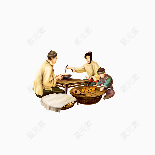 手绘吃月饼的家人