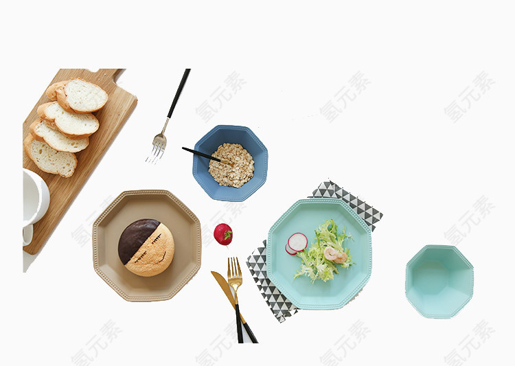 川岛屋日式陶瓷磨砂几何八角盘子组合