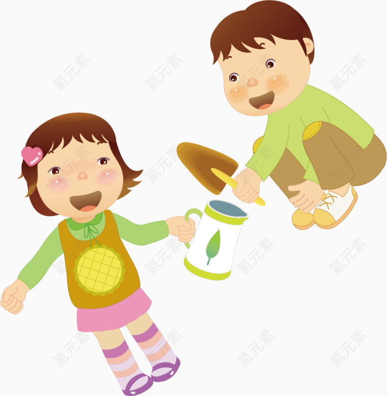 小女孩小男孩卡通手绘装饰元素