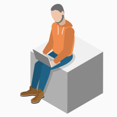 卡通创意3D手绘坐方块上操作电脑男孩