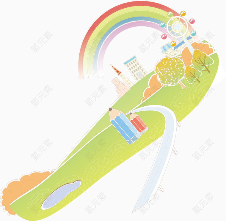 彩虹摩天轮树草坪铅笔小路卡通手绘装饰元素