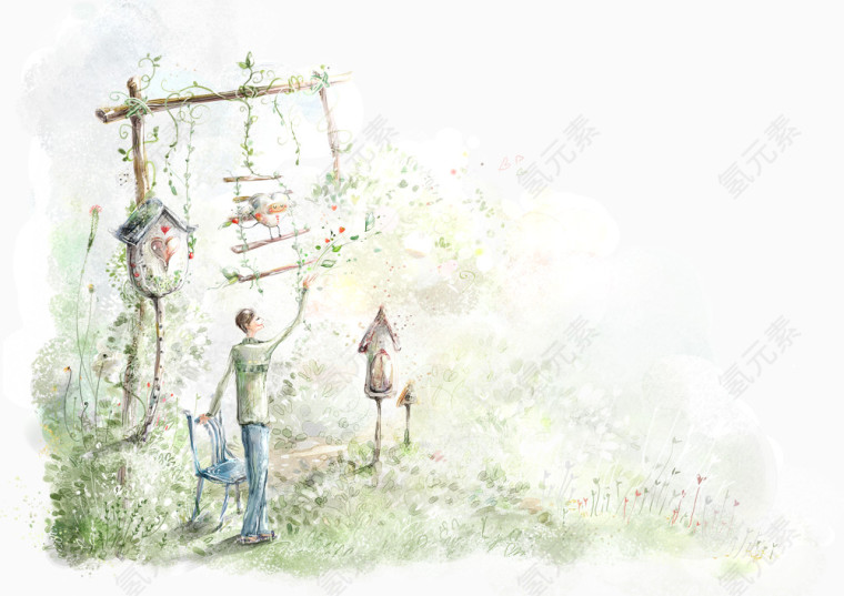 手绘清新人物风景插画