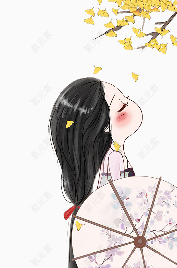 卡通撑伞仰头的女孩