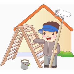 男孩子搬梯子进行粉刷