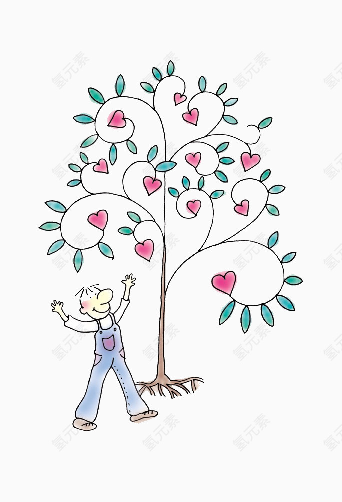 卡通桃心花纹树木
