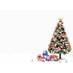 雪地里的挂满五彩小球的圣诞树和树下礼品盒