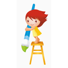 卡通手绘拿笔刷的小女孩