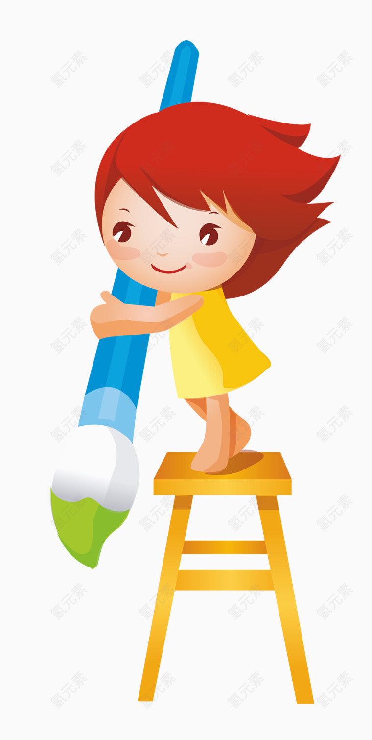卡通手绘拿笔刷的小女孩