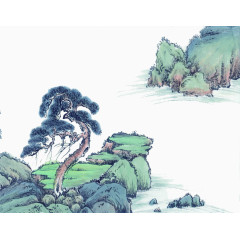 水墨山峰上的树