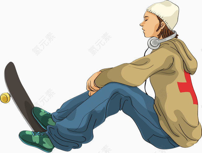 坐地上的滑板男孩