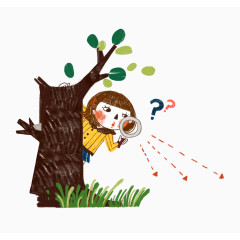 卡通手绘小女孩拿着放大镜