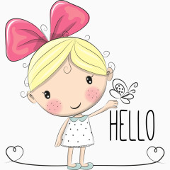 卡通小女孩打招呼线条蝴蝶