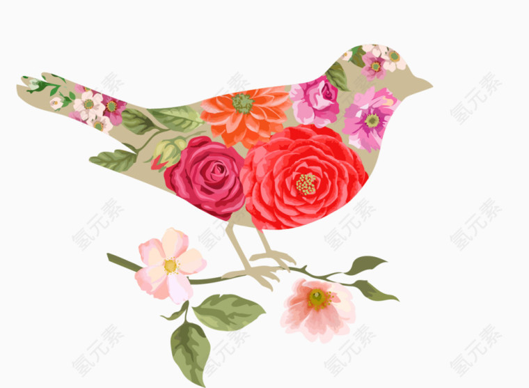 卡通手绘花朵小鸟剪影 