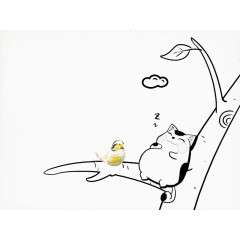 绘画睡觉的猫咪和小鸟