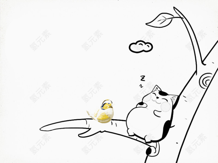 绘画睡觉的猫咪和小鸟