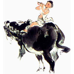 清明节牧童吹笛放牛水墨画