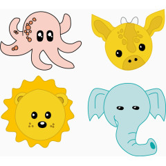 手绘章鱼大象狮子