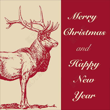 红色简约圣诞节麋鹿手绘贺卡