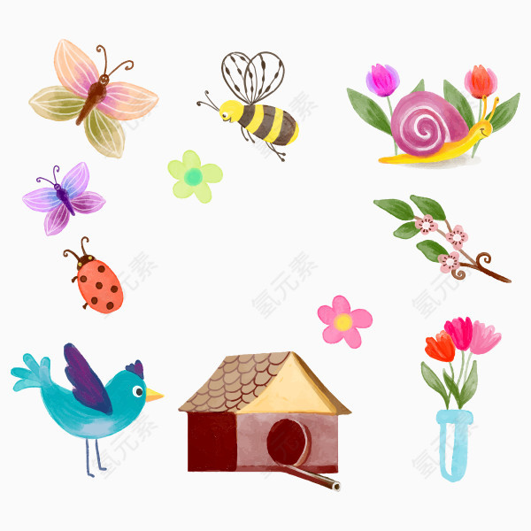 花鸟房子蜜蜂蝴蝶