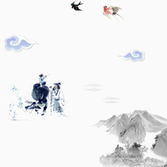 水墨画诗人燕子鸟儿山水画