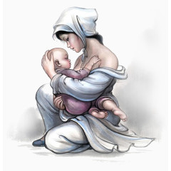 母亲喂小孩吃奶水墨画卡通手绘装饰元素