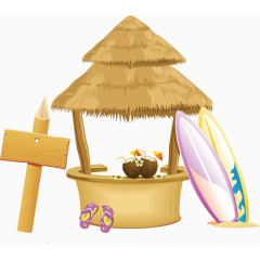 凉亭椰子汁沙滩鞋卡通手绘装饰元素