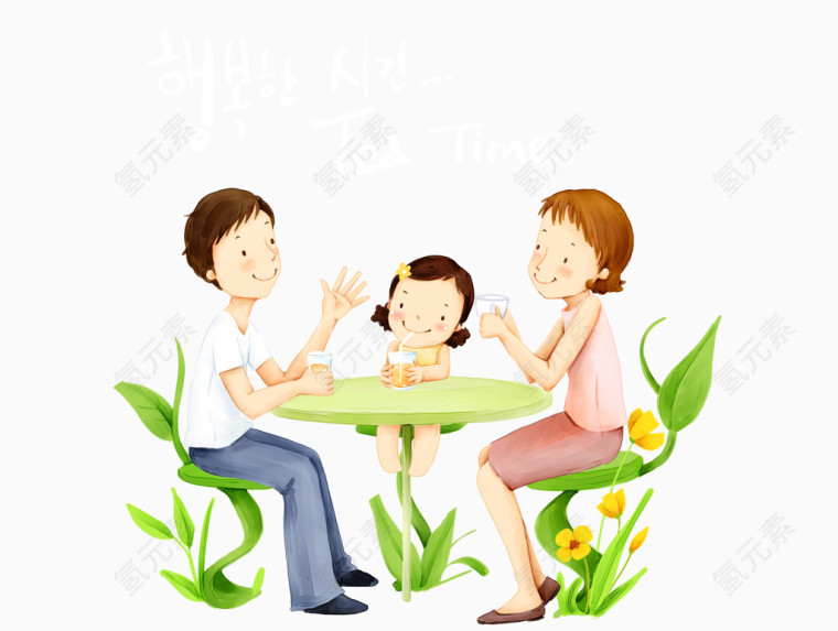卡通手绘一家人下午茶png