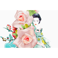 手绘复古美女鲜花