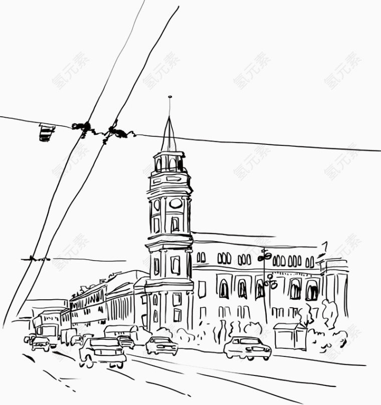 手绘清新欧式建筑插画