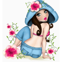 卡通花丛中的美女