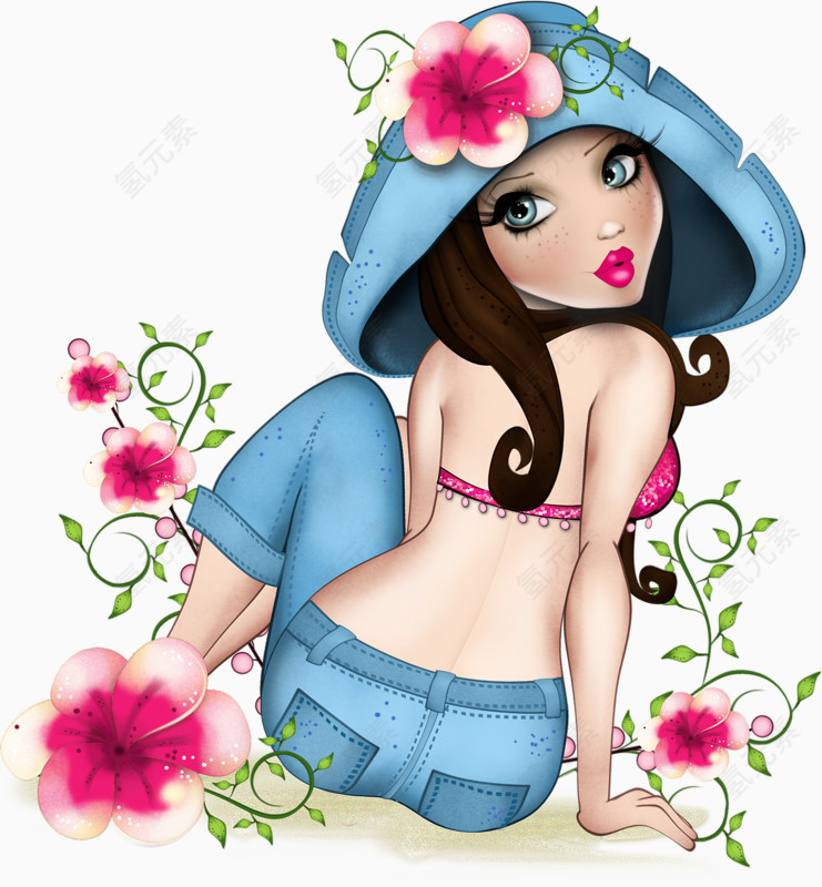 卡通花丛中的美女
