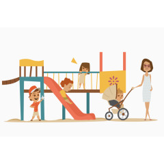 卡通手绘一群小孩玩耍场景