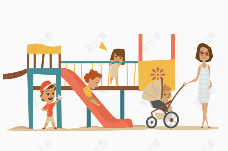 卡通手绘一群小孩玩耍场景