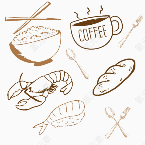 餐具和食物的简易画卡通手绘