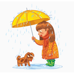 卡通手绘雨中给小狗撑伞的女孩