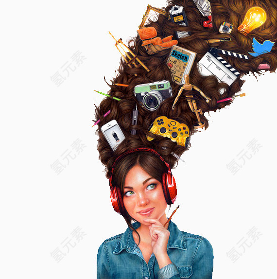 手绘美女思考