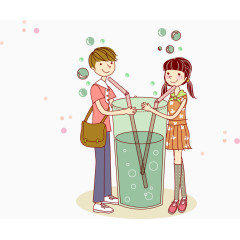 手绘同喝一杯果汁的情侣