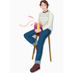 卡通手绘拿礼物坐凳子男人