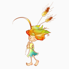 手绘卡通拿麦子女孩