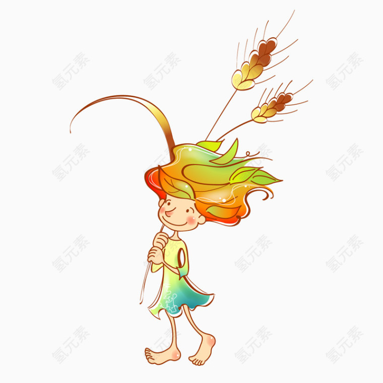 手绘卡通拿麦子女孩