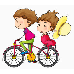 卡通骑自行车的男孩女孩 
