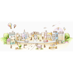 卡通手绘城市建筑气球