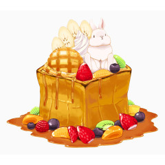 坐在方形蛋糕上的兔子