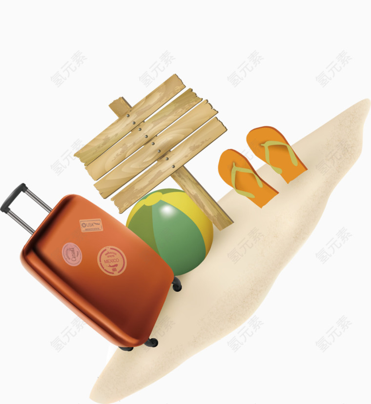 夏季旅游沙滩球木牌人字拖行李箱图标元素