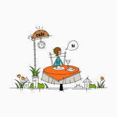 手绘都市用餐的男孩