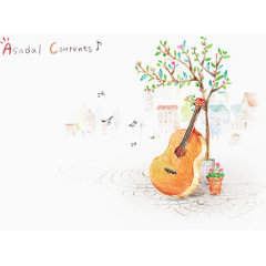 吉他和水彩盆栽